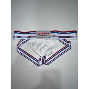 JOCKMAIL men's jockstrap with red and blue stripes on a white waistband and leg